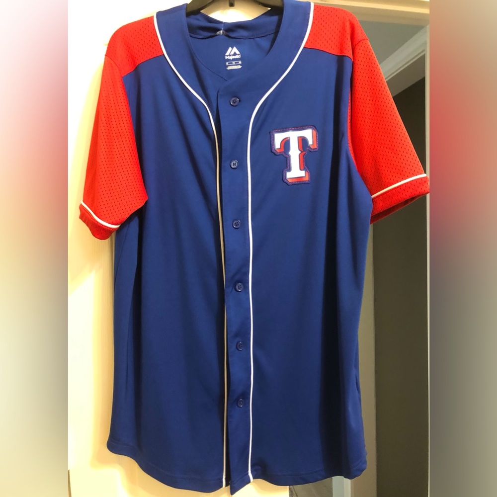 Men’s Texas Rangers Button-Up Blue & Red jersey. Sz XL. Majestic brand.